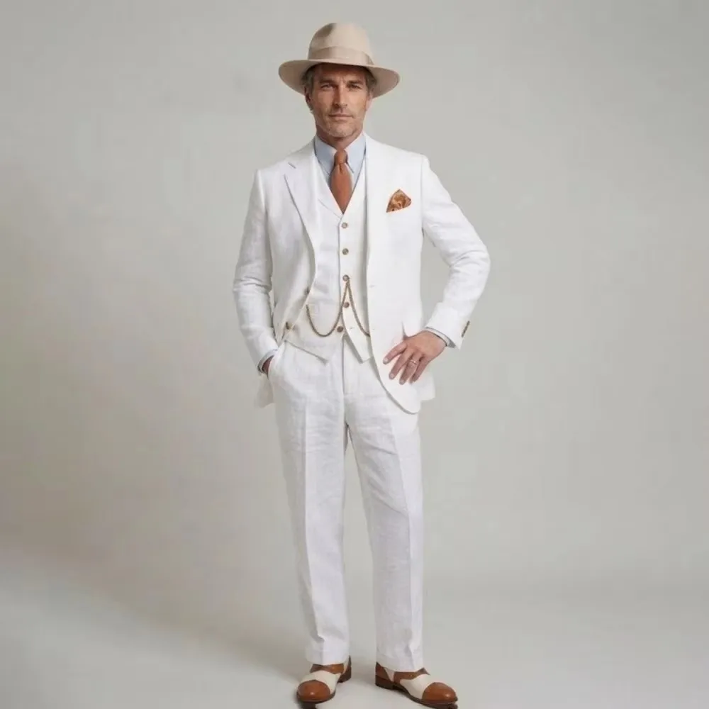 Summer White Linen Wedding Tuxedo 3 Pieces Prom Men Suits Slim Fit Groom Blazer Vest Trousers Set Beach Wedding Suit for Men