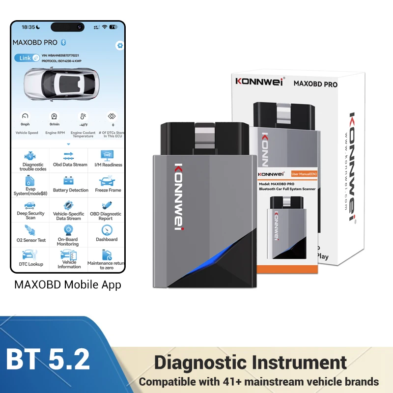 KONNWEI MAXOBD PRO Bluetooth 5.2 Wireless OBD2 Full-Vehicle Diagnostic Adapter with MAXOBD Mobile App for Vehicle Maintenance