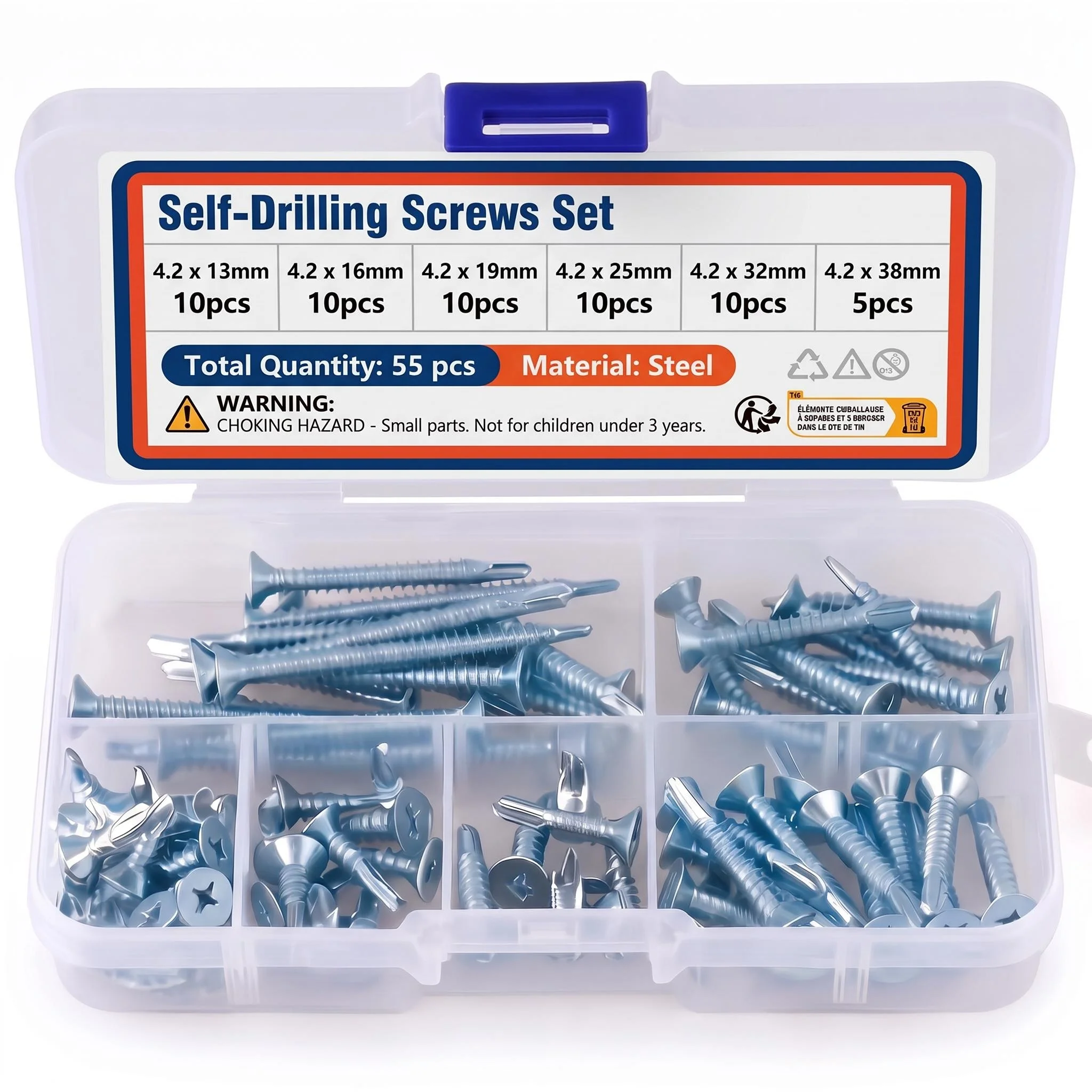 55pcs M4.2 Galvanized Self Drilling Pan Head Screws Kit Drill Point Self Tapping for Wood And Metal Fasteners 13-38mm