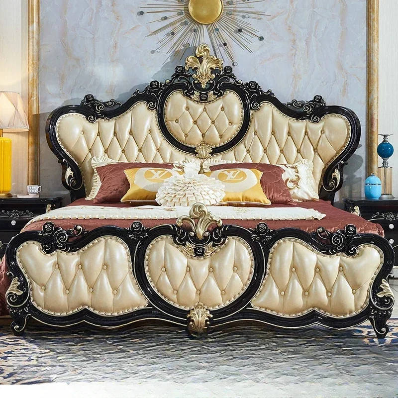 

Black European Bed Double King High End Headboard Frame Double Bed Girl Sleeping Letti Matrimoniali bedroom decoration