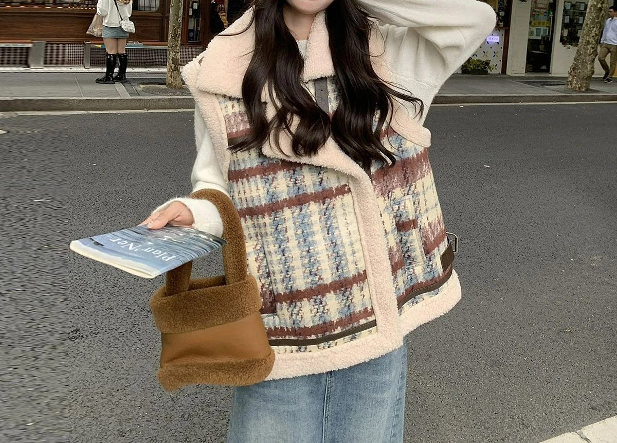 

Plaid Vest for Women 2025 Spring and Autumn New Vintage Fashionable Lamb Wool Casual Stylish Versatile Jacket