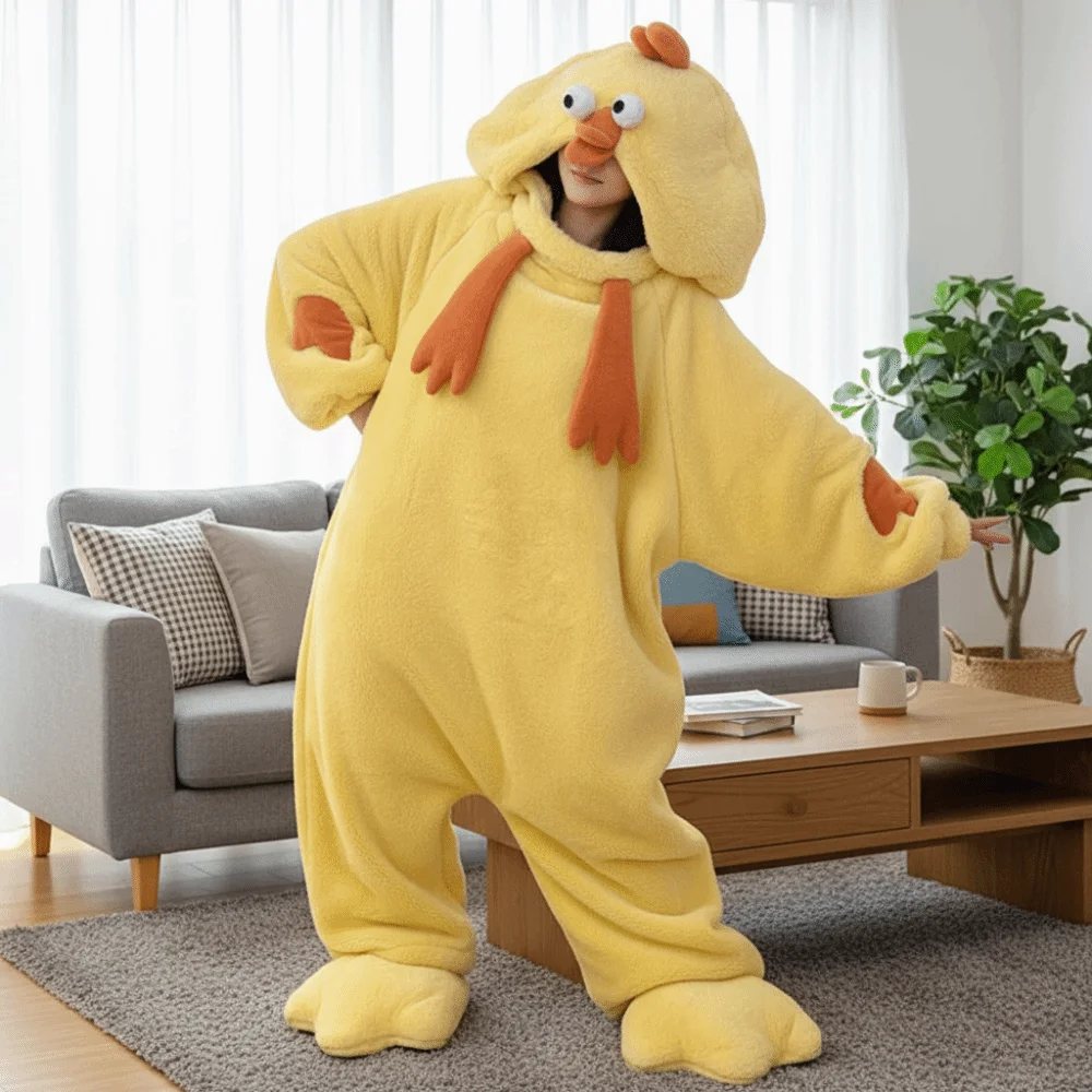 

Jumpsuits Cartoon Chicken Pajamas Funny Home Wear Little Yellow Chicken Pajamas Long Sleeve Plush Warm Cute Sleepwear Women