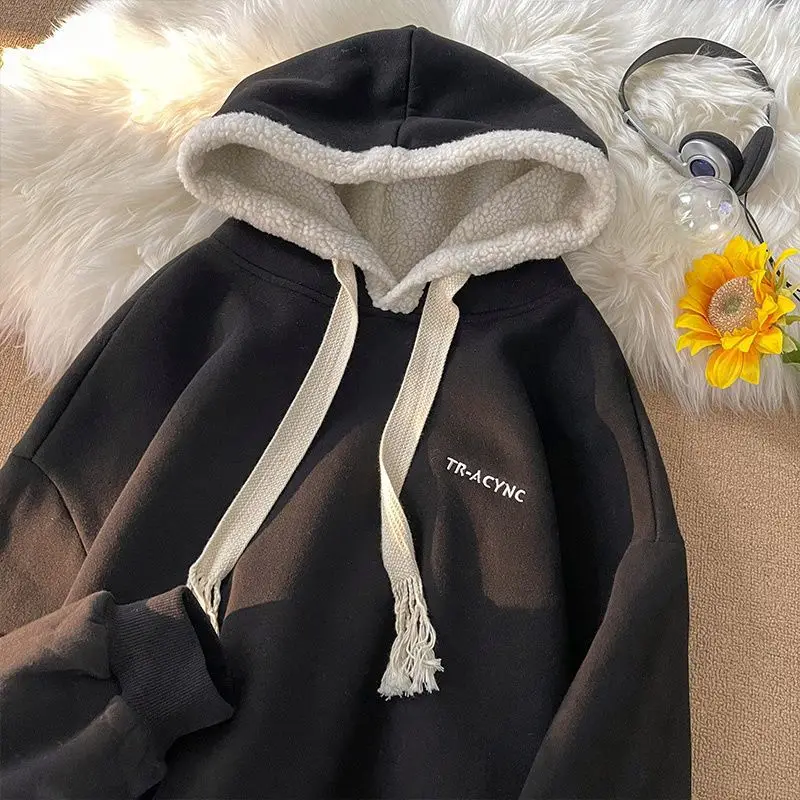 Women Hoodie Sweatshirts Winter Solid Color Plush Long-sleeved Hooded Sweatshirt Korean Casual Loose Pullover Top Ropa De Mujer