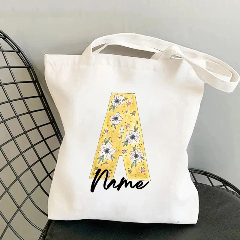 Flower Initials A-Z Personalized Name Tote Bag Organizer Travel Storage Shoulder Bag Handbag Reusable Shopping Bags Custom Gifts