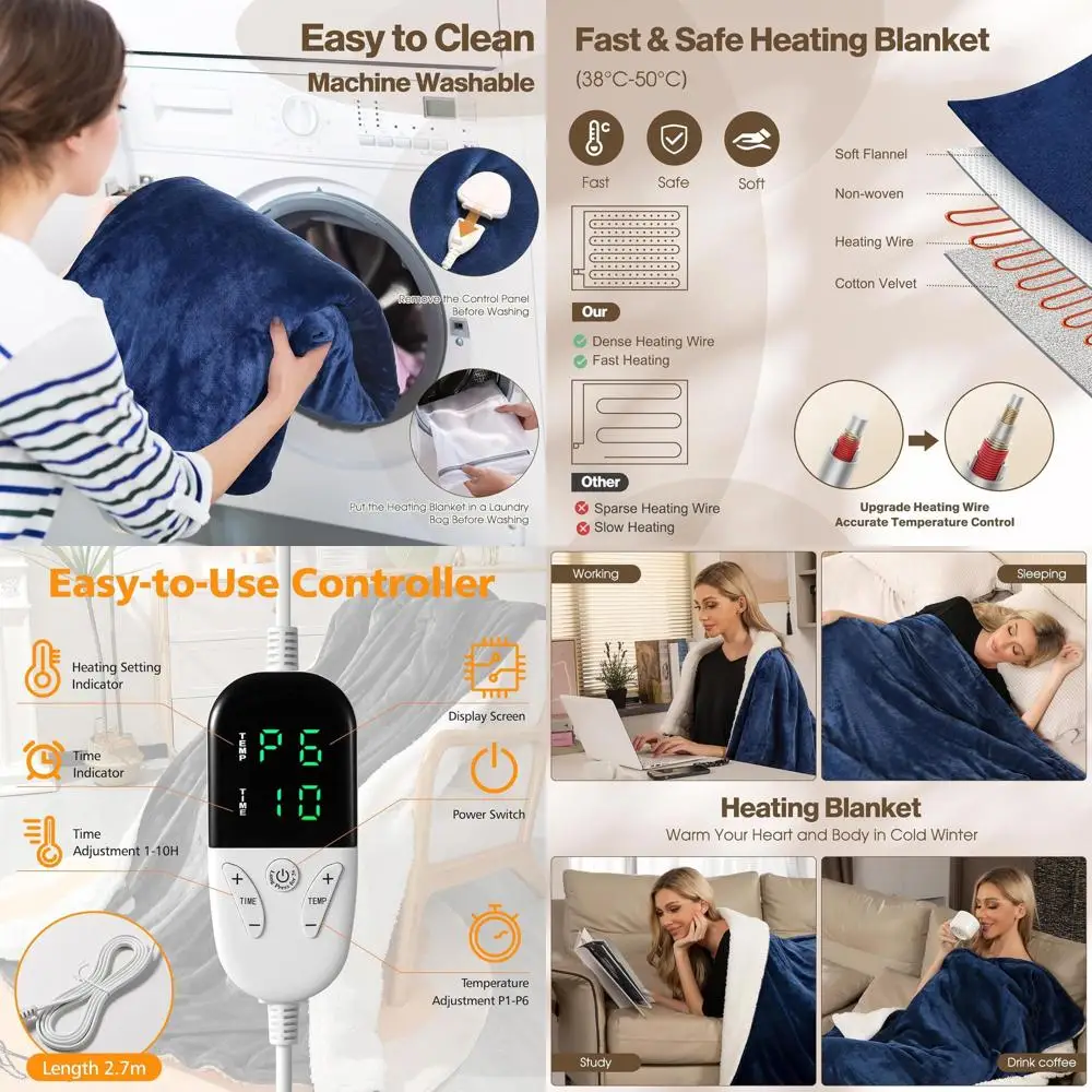 

Queen Size Electric Blanket 84x90 with 6 Heat Levels and 1-10 Hour Auto-Off Timer, Machine Washable for Home & Office (Blue)