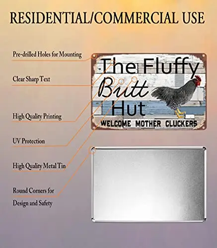 Worldwood Funny Chicken Coop Sign The Fluffy Butt Hut Retro Metal Tin Sign for Farm Home Kitchen Outdoor Decorations Shed Access