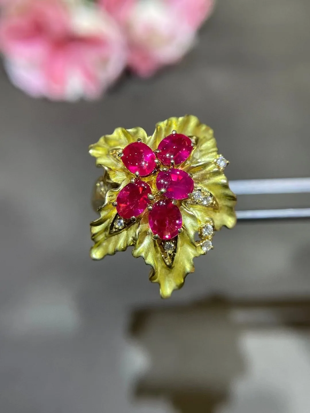 

natural ruby ring 18K gold leaf diamond genuine jewelry luxury fine women jewelry free shipping