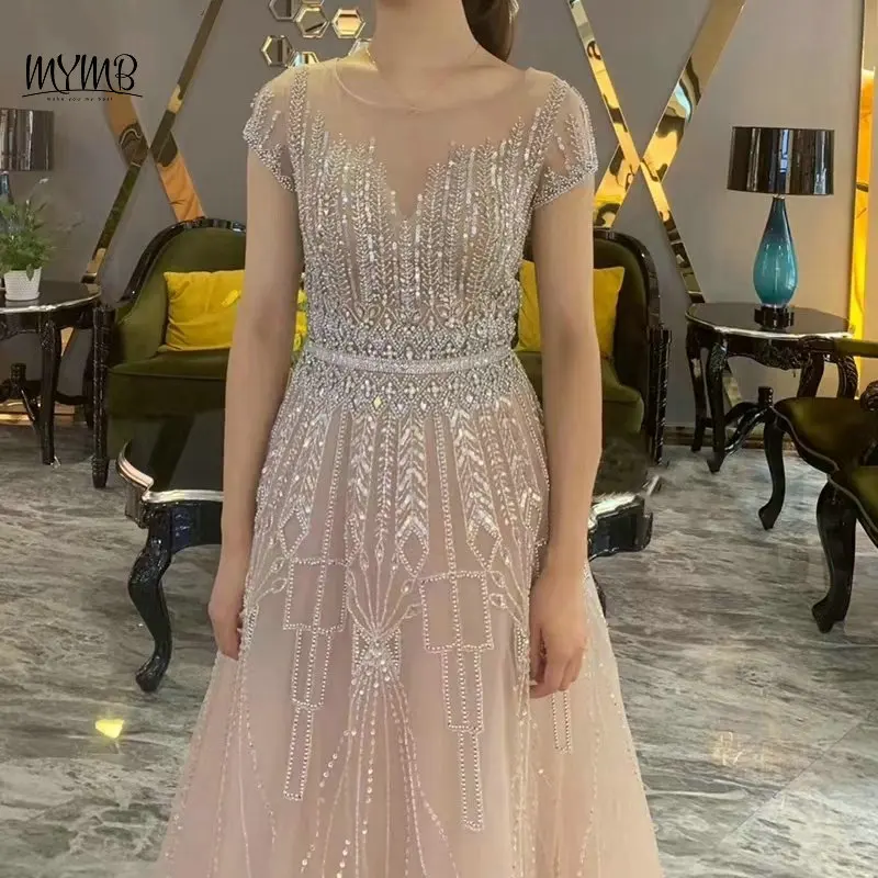 MYMB Pink A-Line Elegant Formal Party Evening Dress for Special Events Luxury Beaded Short Sleeves Dubai Gala Prom Gown DSBQ0128