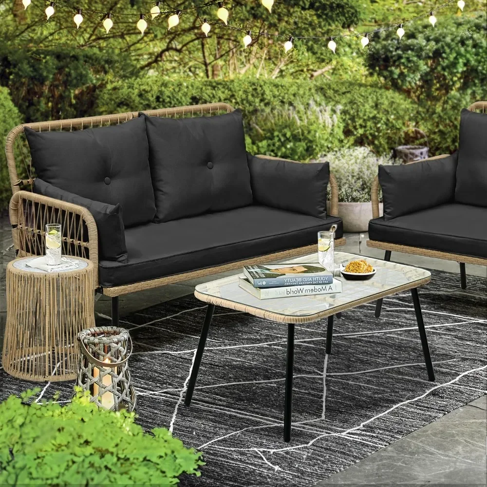 Courtyard furniture, wicker outdoor double sofa, all-weather rattan strip with soft padding for backyard, balcony, and deck