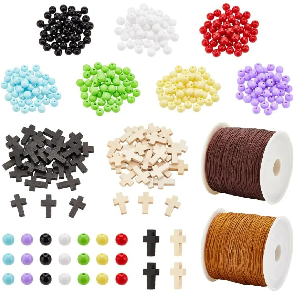 410 Pcs Wood Cross Beads Kit, Including Acrylic Round Beads Cross Wood Pendants Nylon Thread for Craft Necklace Earring Bracelet