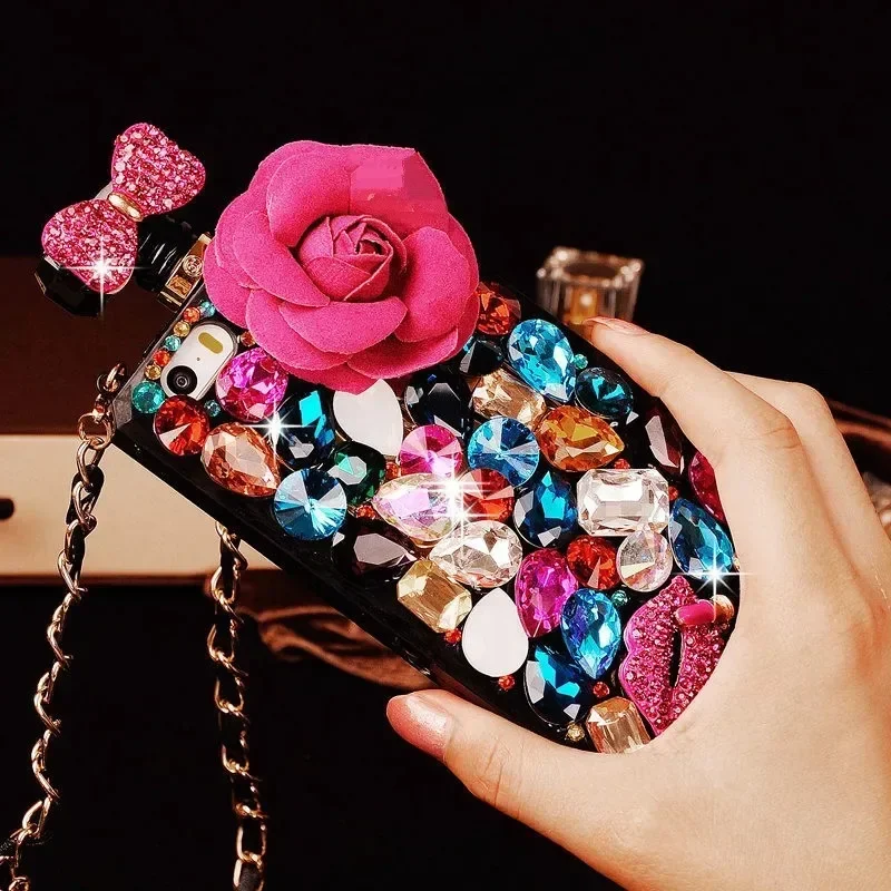 Luxury DIY Colorful Diamond Flower Perfume Bottle with Chain Lanyard Case for Iphone 14 15 13 12 16 Pro MAX XS Max XR X 16Plus