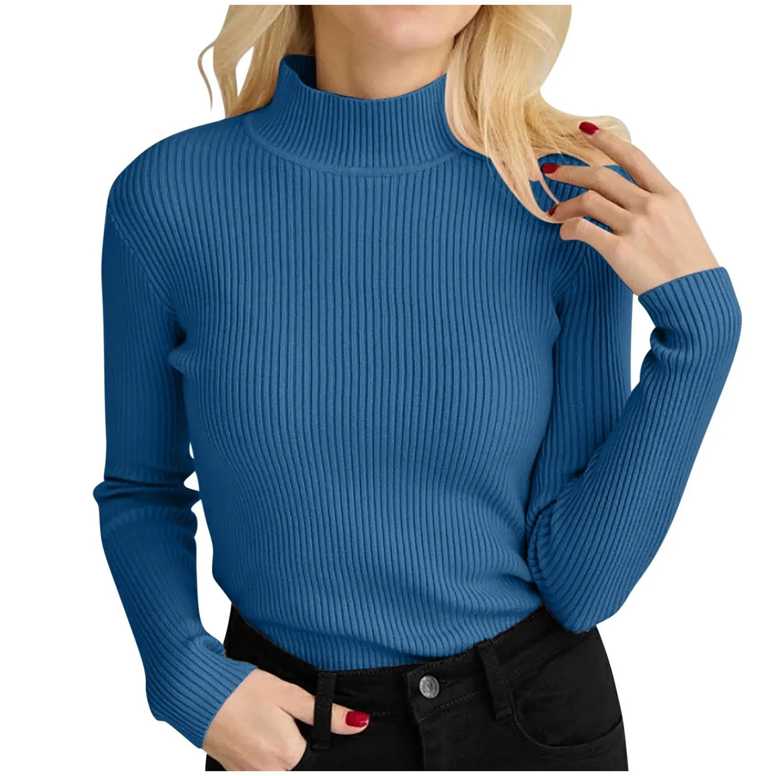 Women\'s Ribbed Pullover One Size Turtleneck Pullover Elegant Plain Knitted Long Sleeve Tops Slim Fit Solid Color Shirt Autumn