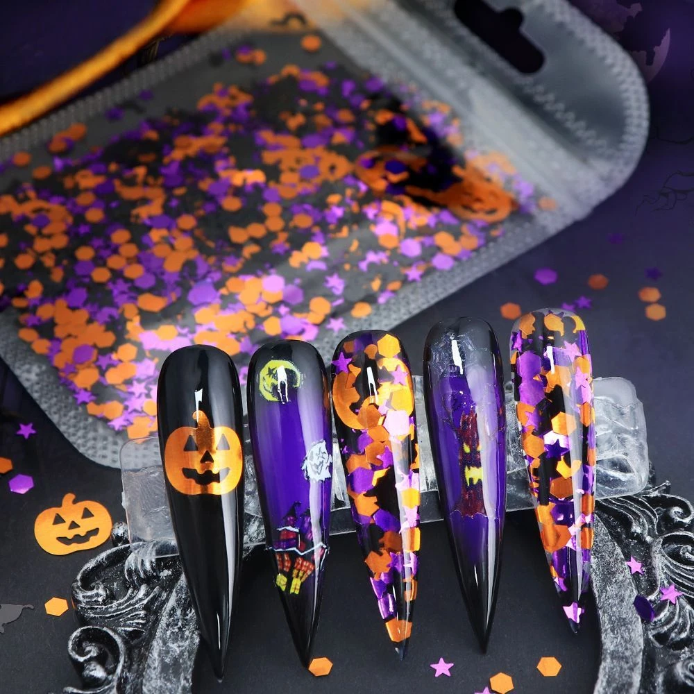 Gemischtes Halloween-Konfetti mit Pailletten, Kürbis-, Fledermaus- und Stern-Glitzer, 10/20g Beutel, DIY Nagelkunst-Deko, Epoxidharz-Shaker-Füllstoff für Feiertagspartys – Detail 5