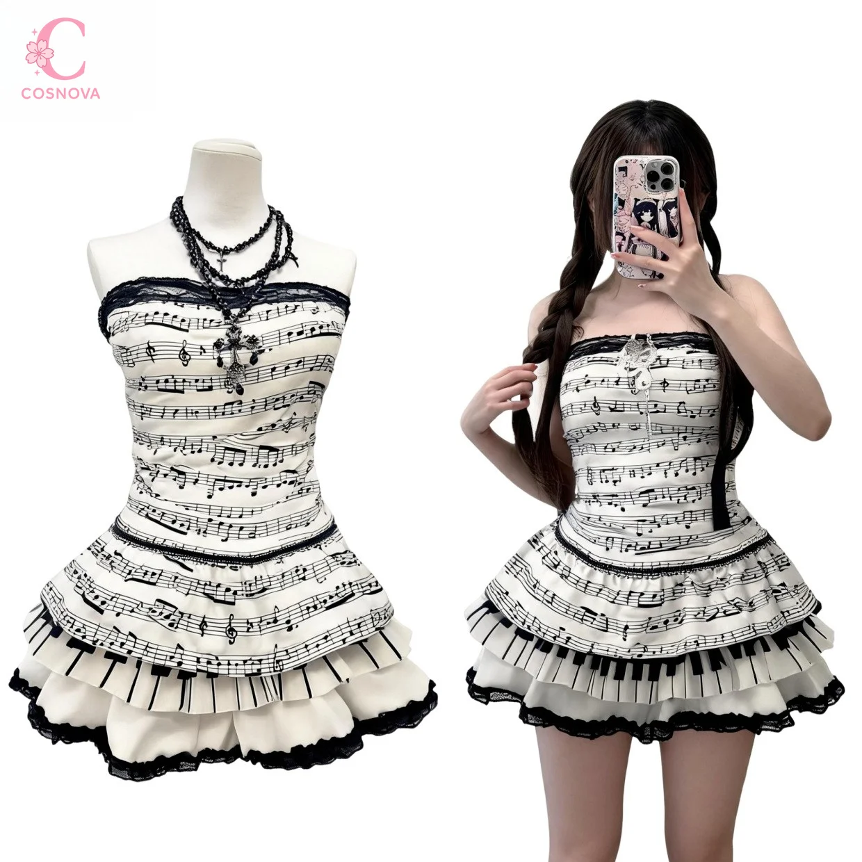 

Punk Rock Strapless Music Note Print Women Summer Mini Dress Lace Layered Ruffle Cake Piano Keys Dress Y2k Party Female Clothes