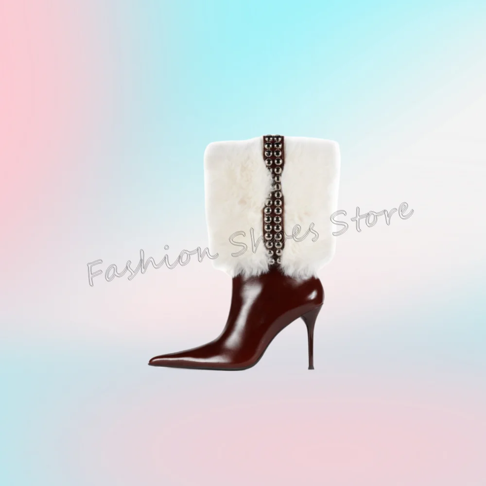 

White Fur Decor Round Rivets Brown Boots Pointed Toe Women Shoes Thin High Heels Party Banquet Dating 2025 Zapatos Para Mujere