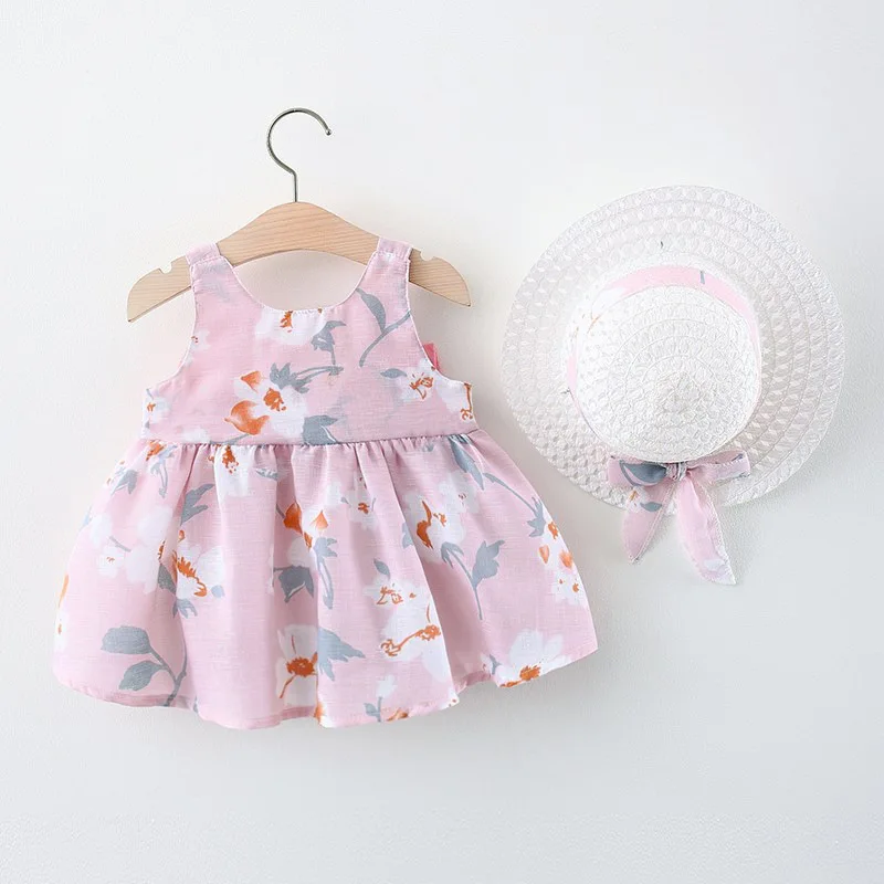 2 Stück Sets neu im Sommer Kleinkind Mädchen Kleidung koreanische süße Bogen Blumen ärmellose Prinzessin Baby Kleider Sonnenhut Kinder Kleid bc1984