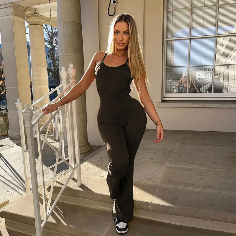 

Women'S Spring New Solid Color Suspender Backless Wide Leg Flared Pants, Sports Yoga Jumpsuit
