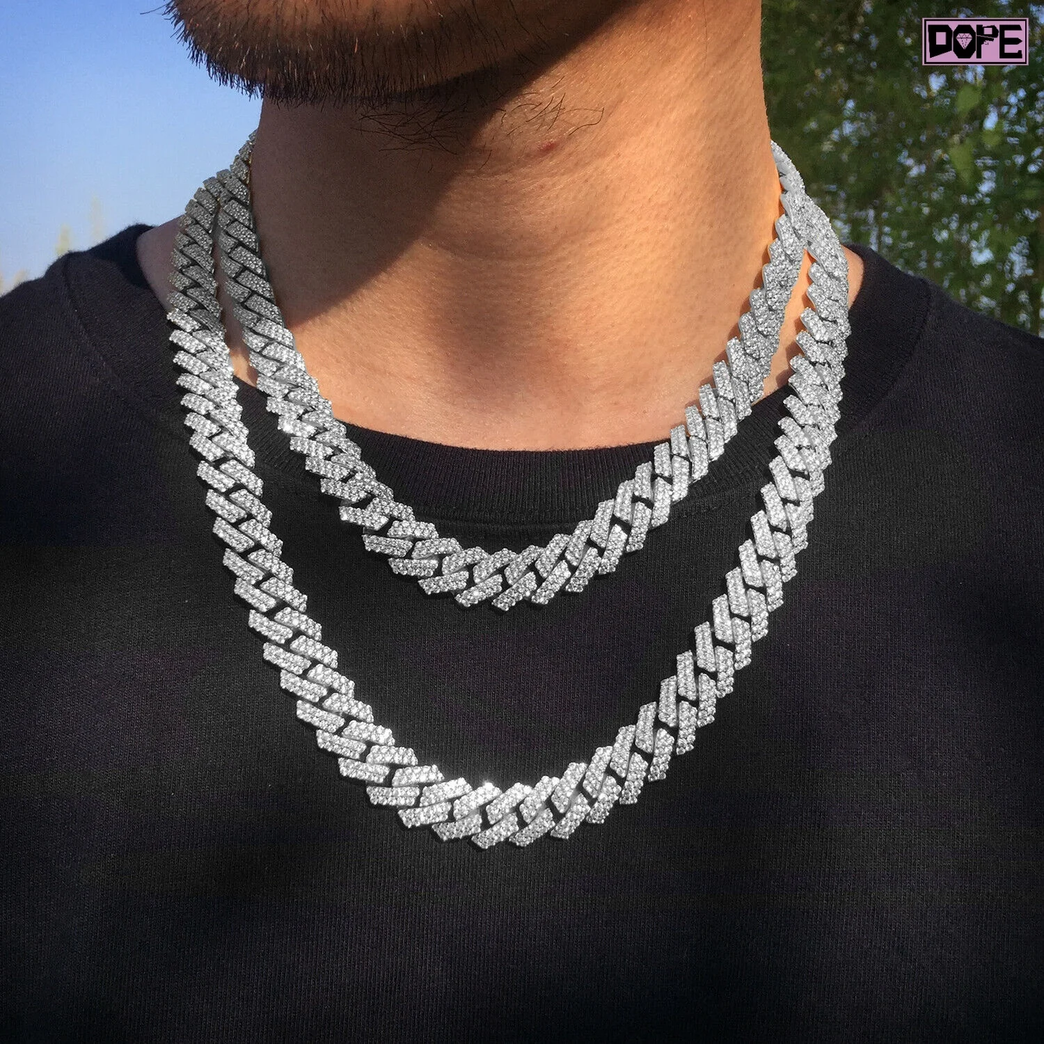 

Rappers Necklace 12mm Cuban Chain 2 Rows Stunning Iced Out Men 925 Silver VVS Moissanite Cuban Link Chain