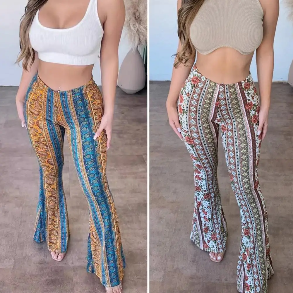 

Ethnic Printed Bootcut Pants Floral Print Ethnic Style Women's Flared Pants Retro High Elastic Trousers for Sexy Streetwear