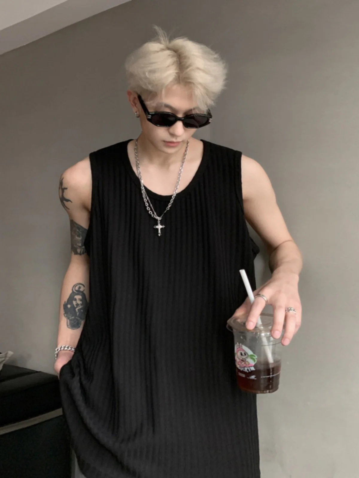 

Qui Dry Ice Silk Vest Men's Summer American Sle Svel T-irt Trendy Fitn oulder High Sensation Loose Fit Youth...