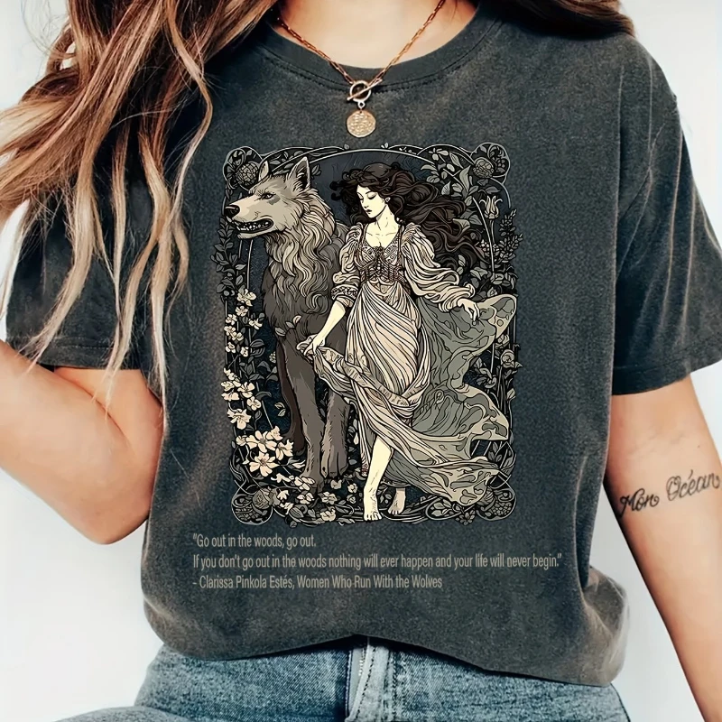 

Летняя готическая рубашка Wild Fairy Fantasy Wolf, рубашка Witch Forest, женская футболка в готической оправе Art Nouveau