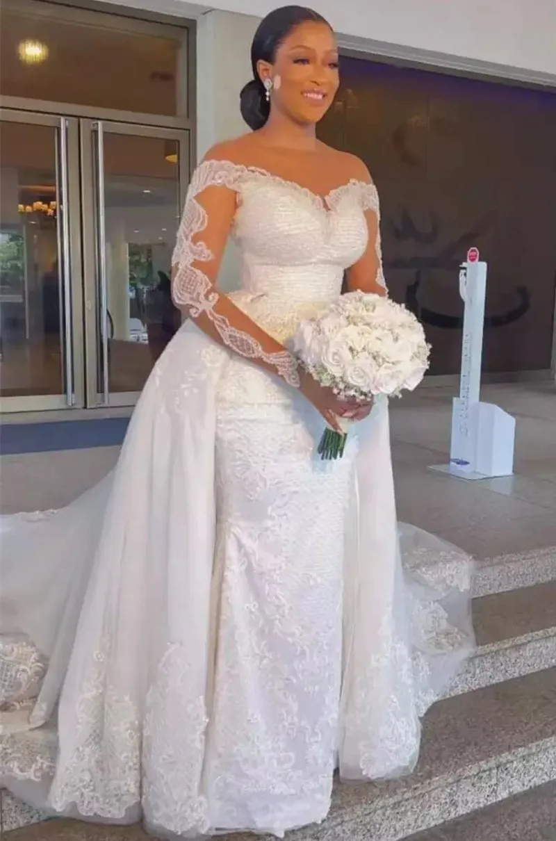 Robe De mariée sirène De luxe, avec traîne détachable, col d'illusion, manches longues, en dentelle, arabe