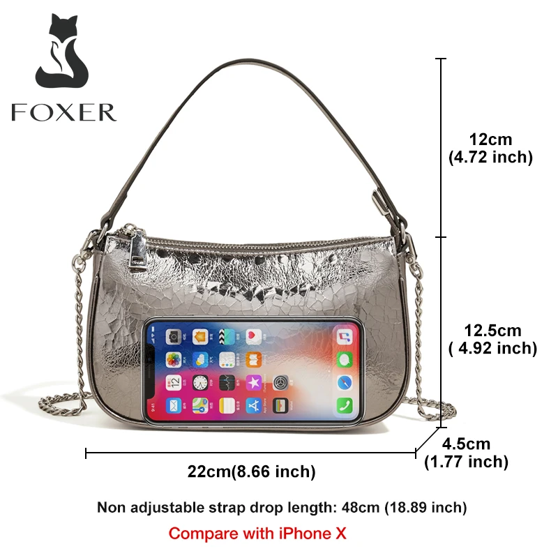 FOXER High Quality Small Silver Handbag Girl\'s Stylish Female Phone Bag Lady Casual Zipper Split Leather Shoulder Crossbody Bags