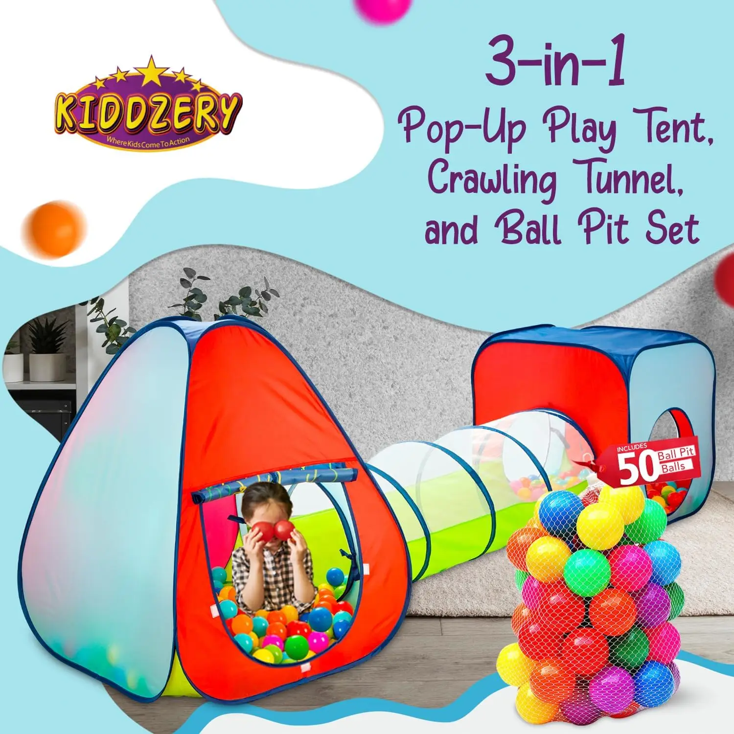 Tienda de juegos para niños con 50 pelotas, combinación de túnel y piscina de pelotas de 3 piezas, juego emergente para interiores/exteriores con paneles de malla y bolsa de transporte