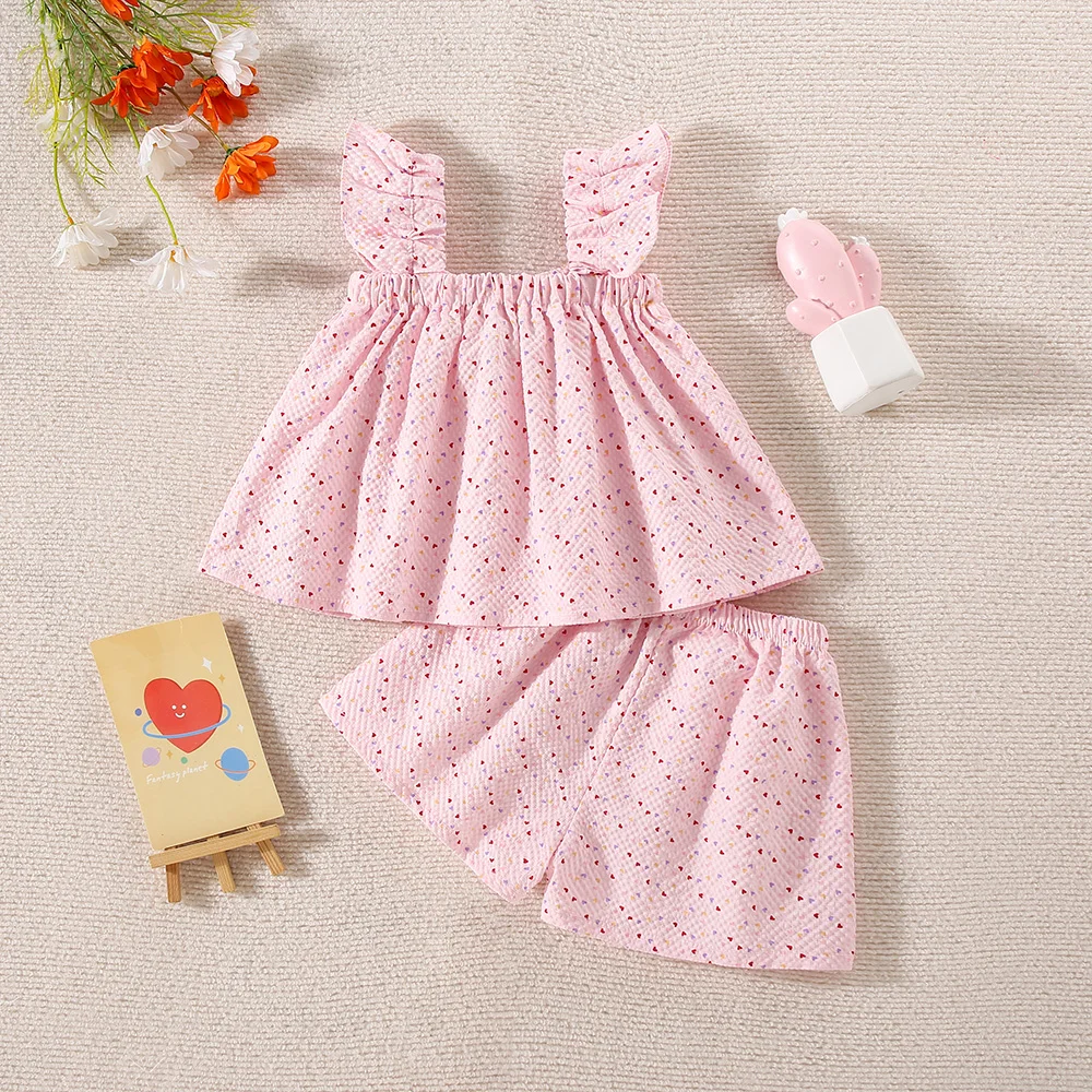 Summer Hot Selling Little Girl Flying Sleeve Long Bow Skirt Shorts Two Piece Set Korean Version Baby Girl Western Style Love Set