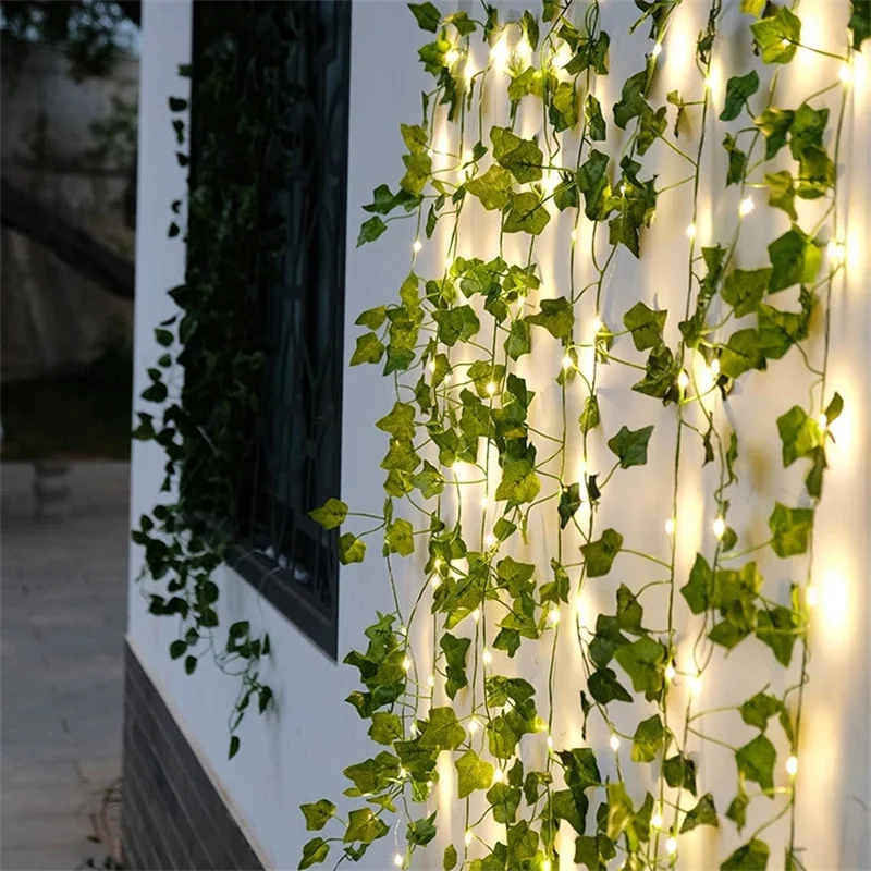 LED String Light 10m/5m/2m Green Leaf Garland Fake Plant Greenery Leaves Ivy Hanging Vines for Wedding Home Wall Decoration Xmas