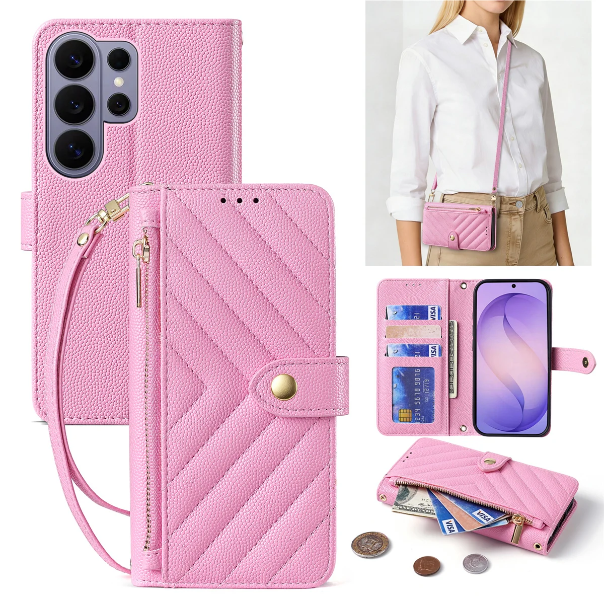 Crossbody Leder-Brieftasche mit Kartenfächern und Handyhülle für Samsung Galaxy S26 Plus S25 S24 FE S23 Ultra A37 A17 A16 A26 A36 A56 Cover