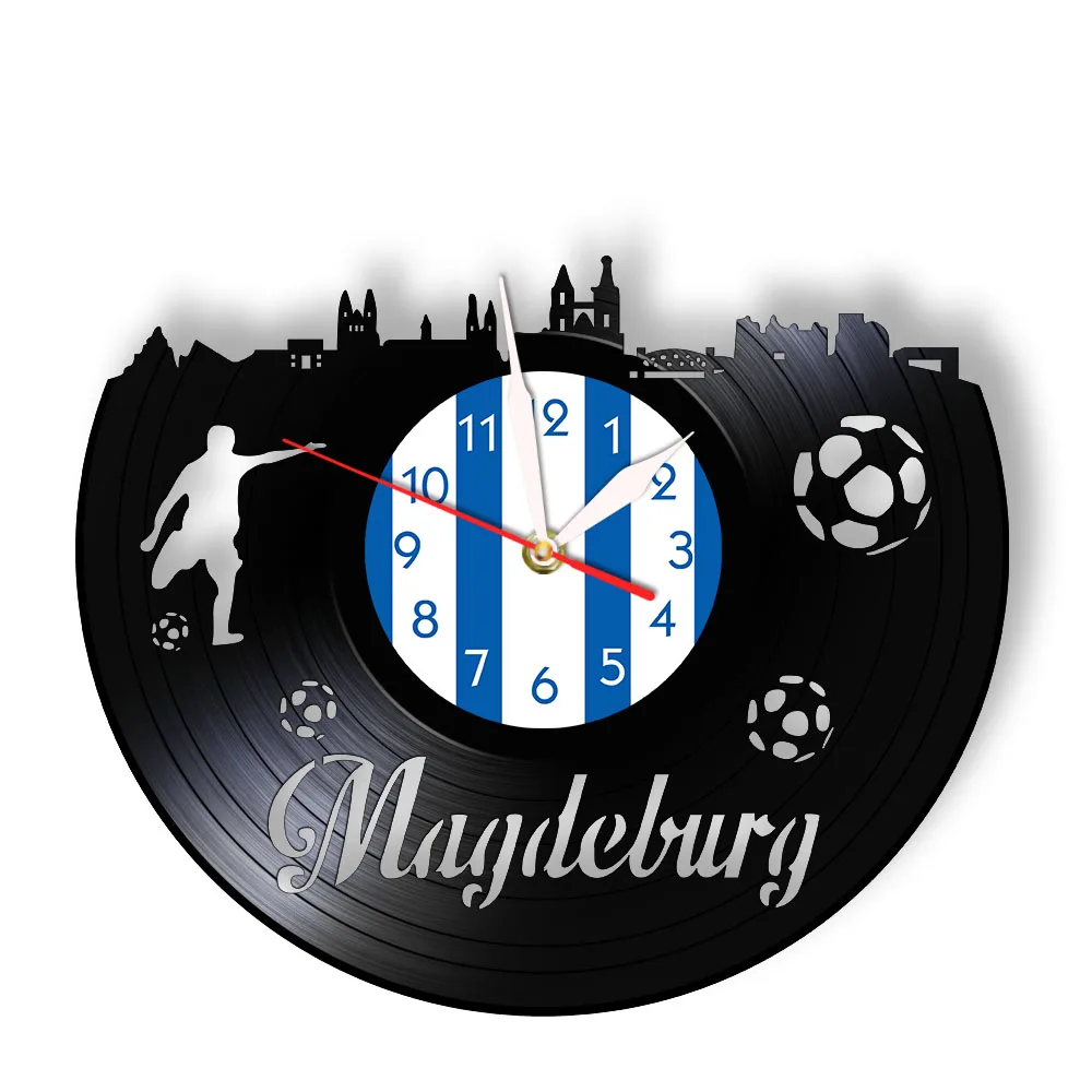 Magdeburg Cityscape Vinyl Record Wall Clock Football Fans Home Decor Timepieces European Stadium Vinyl Disks Crafts Wall Watch