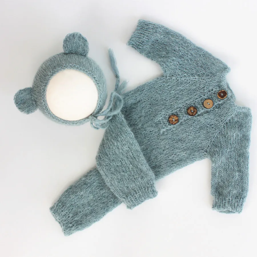 Hand Made Newborn Mohair Onesie  Photography Props Baby  Bear Bonnet & Romper Set