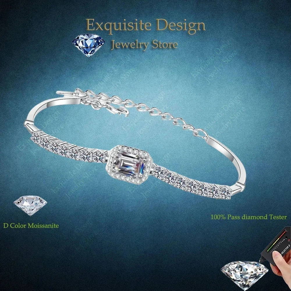 

Изысканный дизайн, ручная работа, инкрустированный прямоугольный синий муассанит 2.4 карата, браслет из платины PT950, цепочные браслеты для женщин, подарок