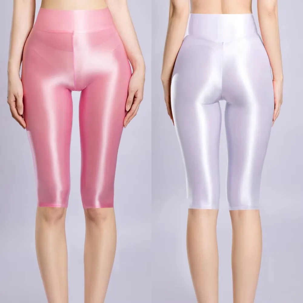 Peach Hip Knee Length Shorts M-XL Cropped Pants Shiny Half Length Fitness Joggers Elastic Tights Push Up Booty Lifting Legging