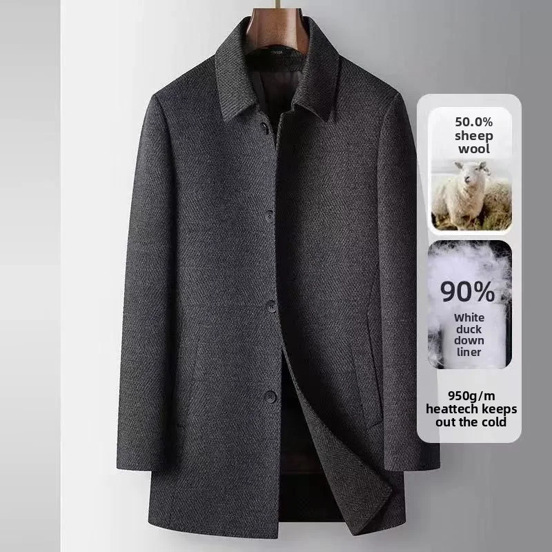 

2025 зимнее новое мужское шерстяное пальто ручной работы, 50% чистая шерсть, съемная внутренняя майка на утином пуху, утолщенное теплое деловое ветровое пальто