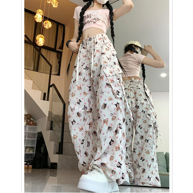 American Vintage Elastic Waist Drawstring Cargo Pants Women Summer New Graffiti Cute Multi-pocket Versatile Pants Female