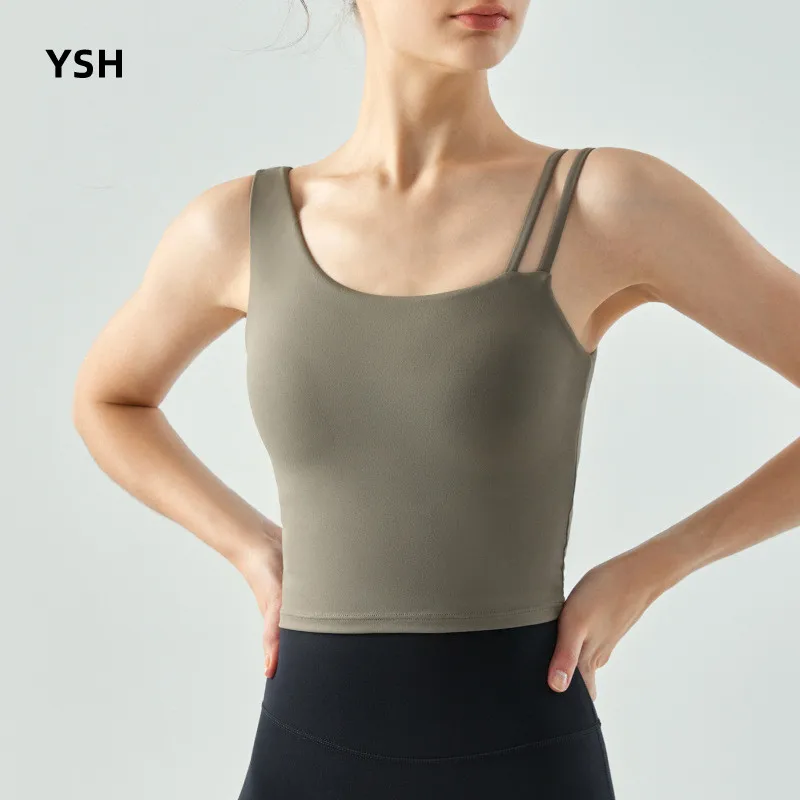 YUSHUHUA Irregular Shoulder Straps Yoga Tops Women Fixed Bra Fitness Shockproof Sports Crop Tops Gym Training Running Vest