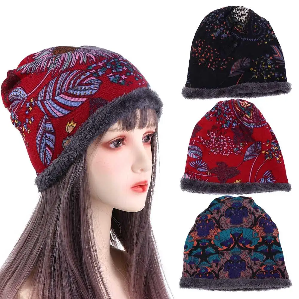 

Korean Autumn Print Flower Soft Warmer Plus Velvet Women Hat Beanie Velvet Bonnet Bib Hats