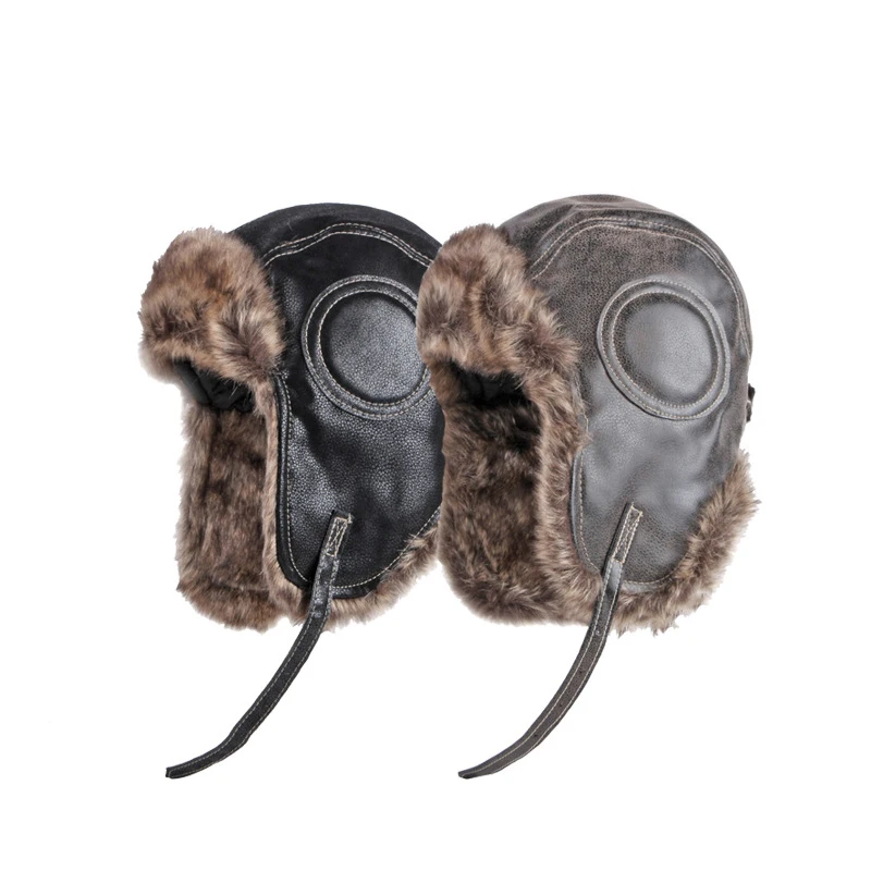 Men and Women's Fluffy Fur Bomber Hat Pilot Caps Thick Warm Leather Winter Hat Windproof Earflap Cap Russian Ushanka Hat