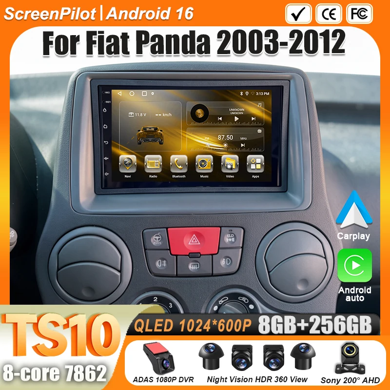 Android 16 for Car Radio Fiat Panda 2003 2004 Multimedia Video Player 2 Din GPS Navigation Touch Screen Wifi 5G 8 Core Bluetooth