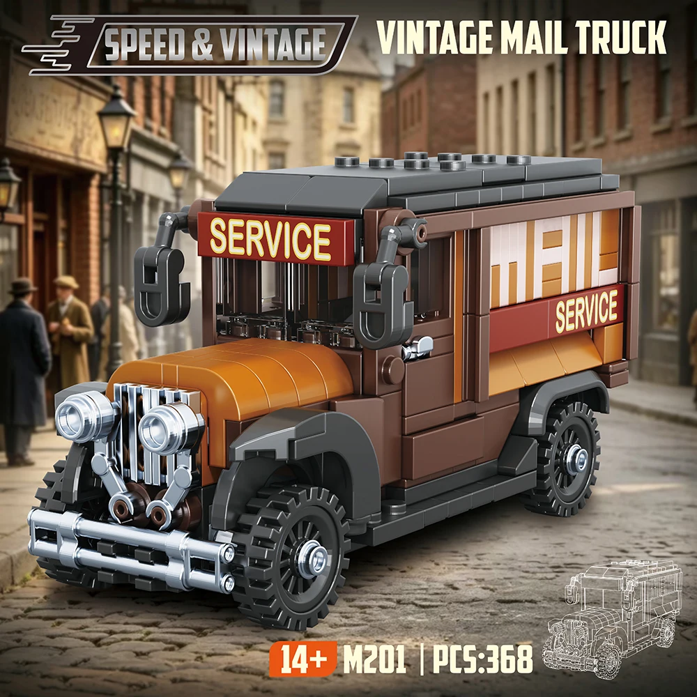 368pcs Technical Retro Truck Postal Transport Car Building Blocks MOC Mail Truck Vehicle Model Bricks Desktop Toys Kids Gifts