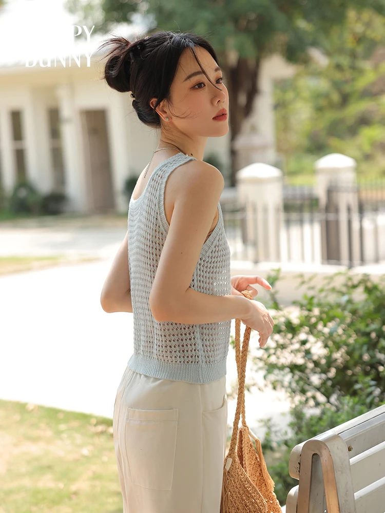 Summer Hollow Out Mesh Tank Top Women Round Neck Sleeveless Knit Vest Slim Fit Layered Camisole  Casual Lightweight Design