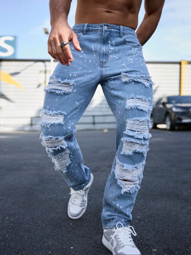 

Мужские рваные джинсы с эффектом разбрызганных чернил, длинные брюки в стиле американского хип-хопа, подходят для всех сезонов.