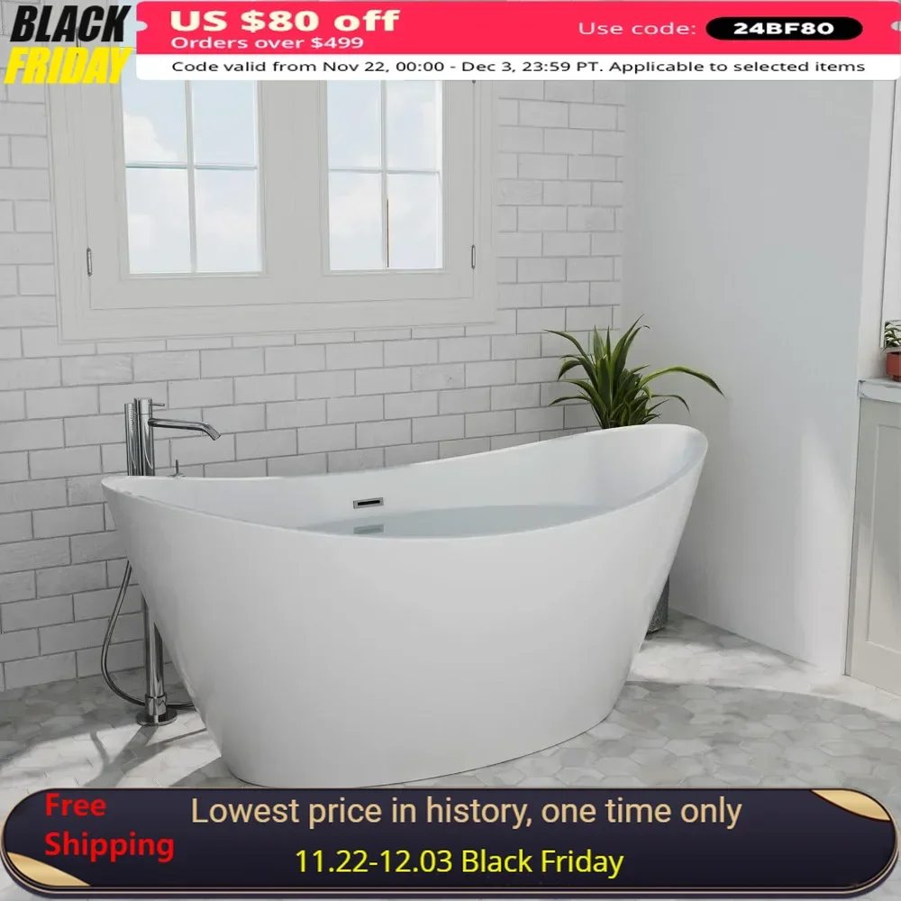 Bathtub, 59 in, Deluxe Acrylic Soaking Spa, Deep Soaking Tub, Bathroom Furniture, Bathroom freestanding bathtub