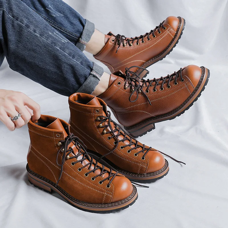 Botas de cuero genuino para hombre, zapatos de trabajo Vintage de alta calidad, estilo británico, zapatos de plataforma de primavera