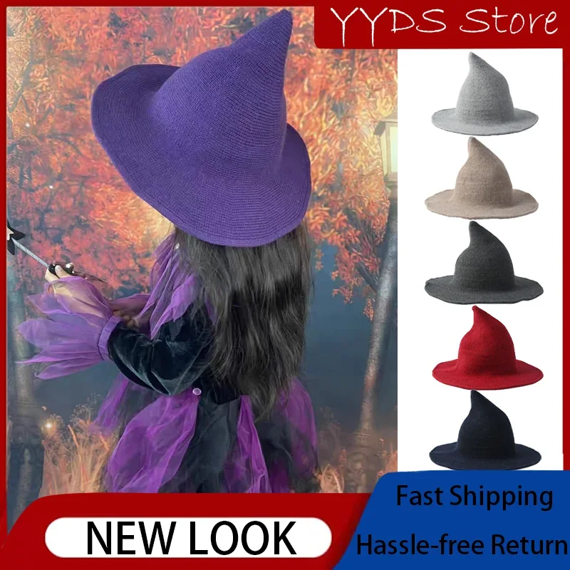 

Parent-child Witch Hat Solid Color Personality Pointed Big Brim Wool Knit Hip Hop Halloween Witch Hat Wool Fisherman Hat