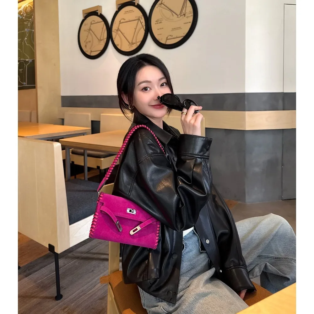 

Niche Design, Suede Spelling, Swift Calfskin, Hand-held Wallet, One-shoulder Armpit Bag/rose Pink, High-end Fashion Temperament