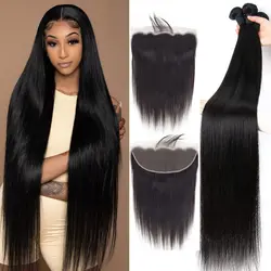 Extensiones de cabello humano virgen brasileño para mujer, mechones rectos de hueso con cierre de encaje transparente frontal, 13x4, 28, 30 y 32 pulgadas, 3 uds.