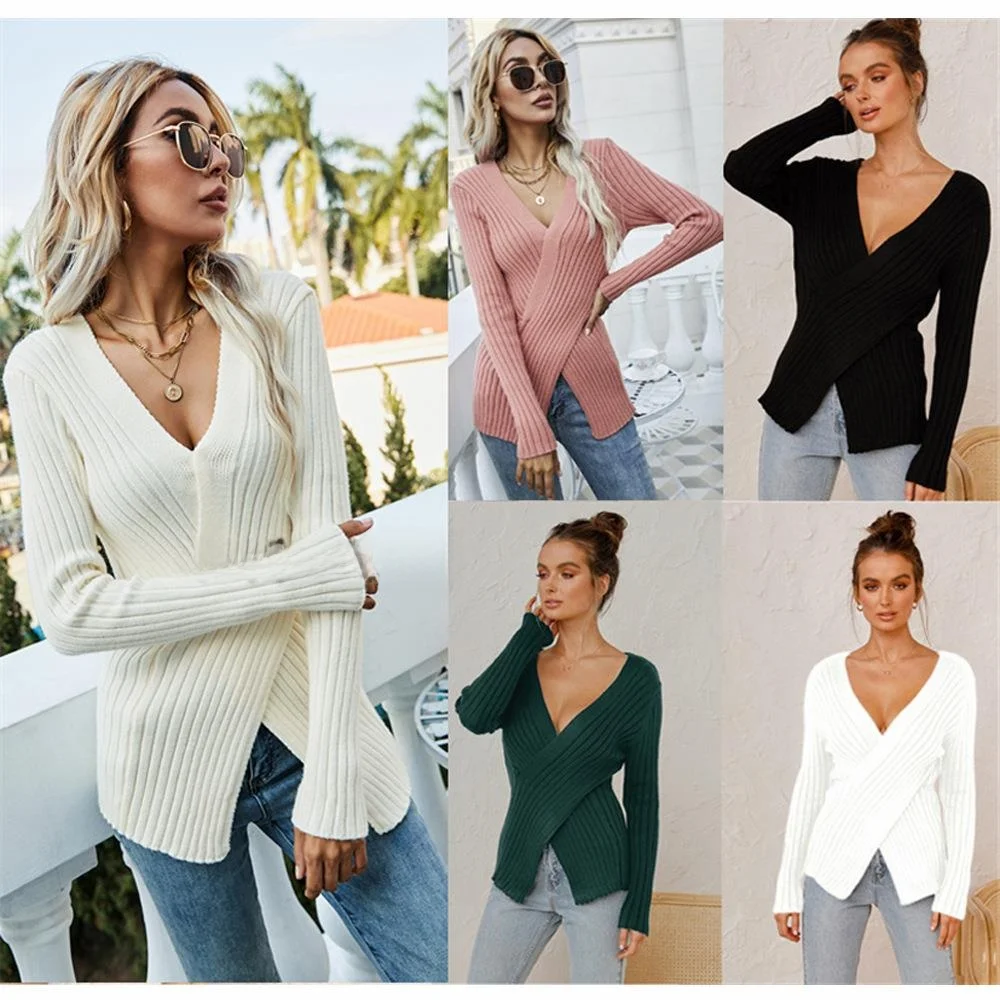 

Женский вязаный свитер с v-образным вырезом, осень-зима, длинный све, накладной, однотонный, новый, моющийся, удобный топ